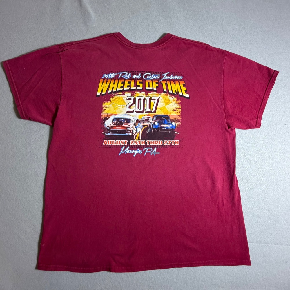 Gildan Wheels of Time 2017 Rod and Custom Jamboree T-Shirt Maroon Mens XL